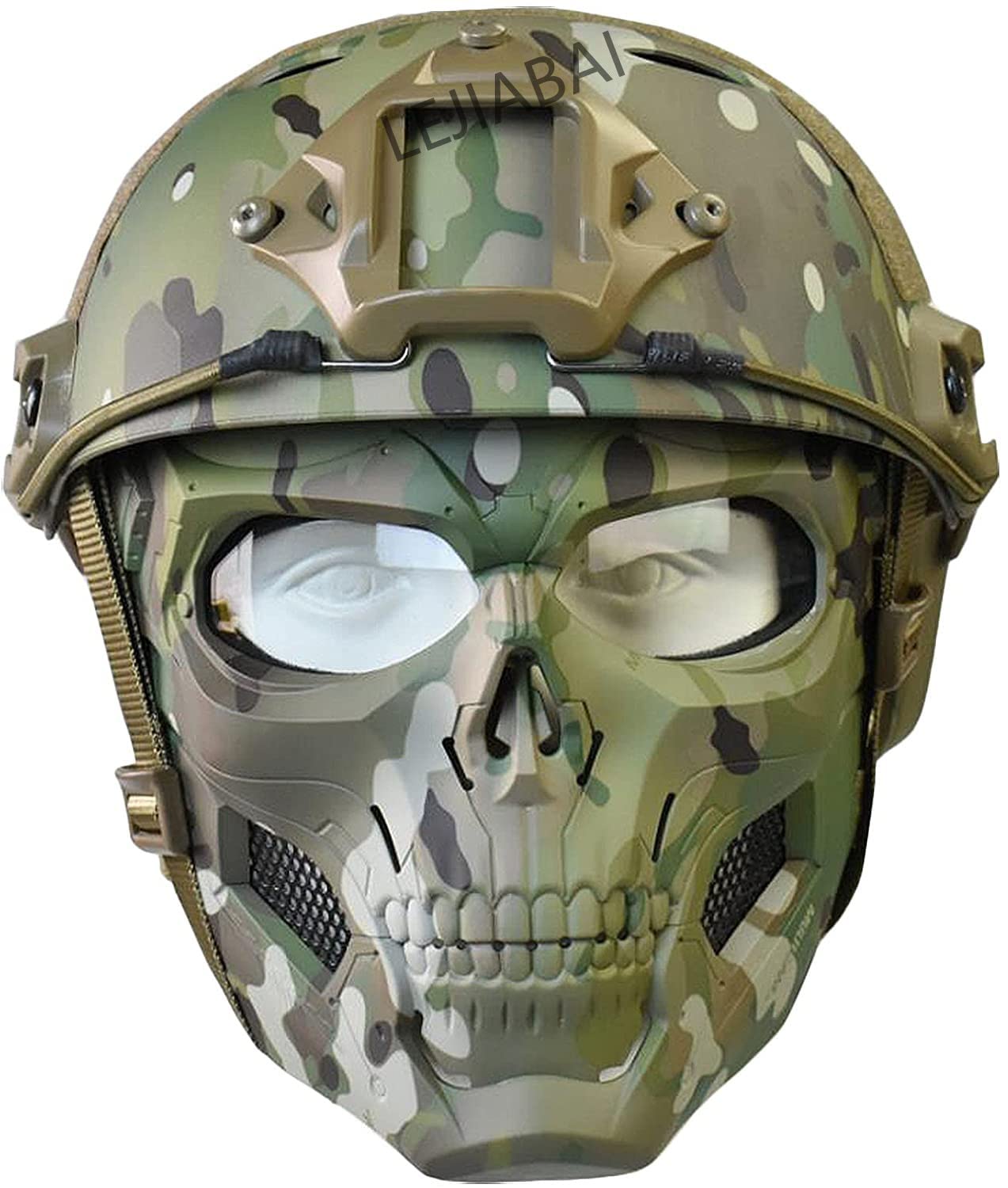 NC PJ Tactical Fast Helmet and Adjustable Airsoft Mask Skull Full Face MaskSuitable for Airsoft Paintball, Halloween, Role-Playing, Costume Parties and Movie Props