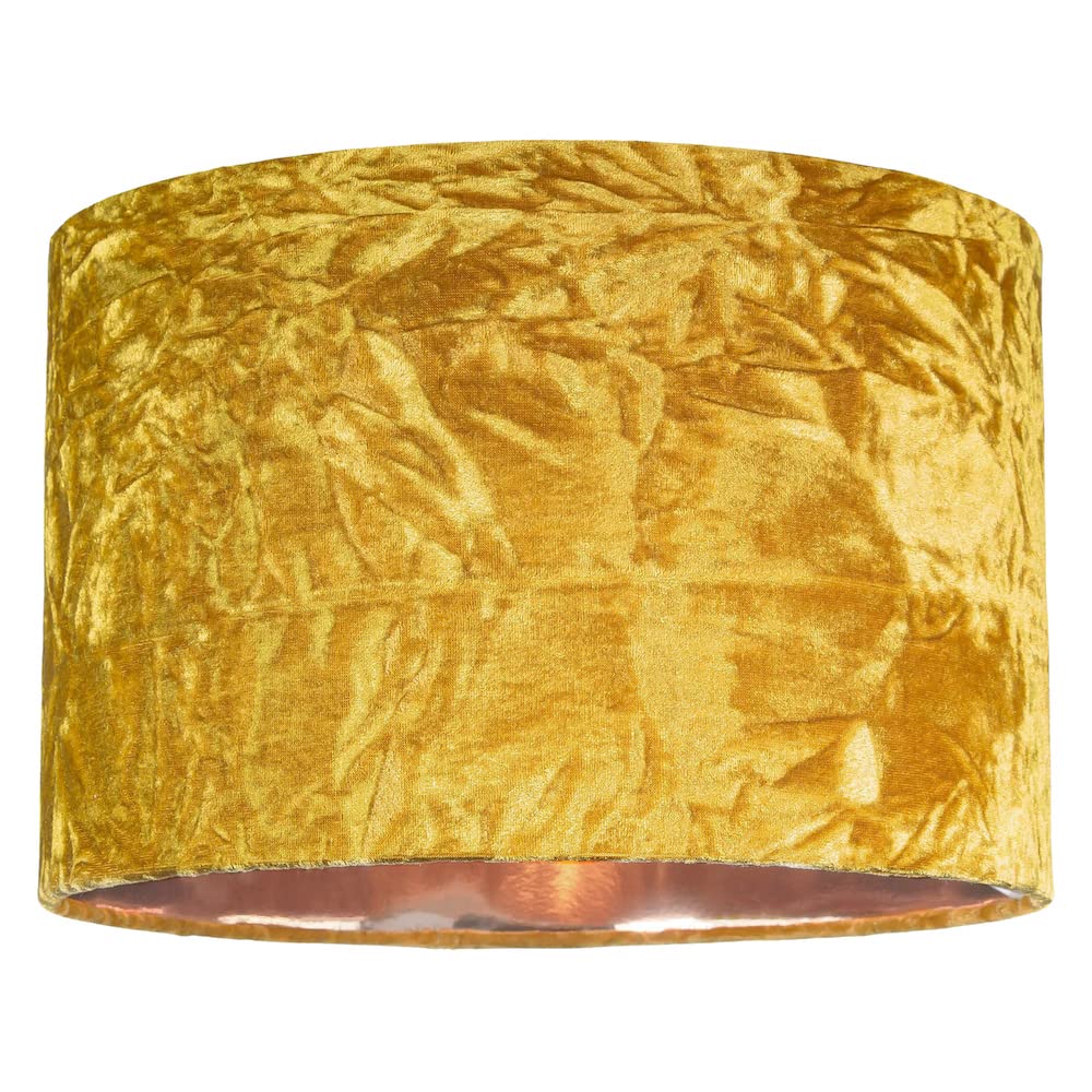 Happy Homewares Ochre Modern And On-Trend /Mustard Crushed Velvet Fabric 14" Table Or Pendant Circular Drum Lampshade With Shiny Copper Inner - 60Watt Maximum | Perfect For Residential Or Commercial By