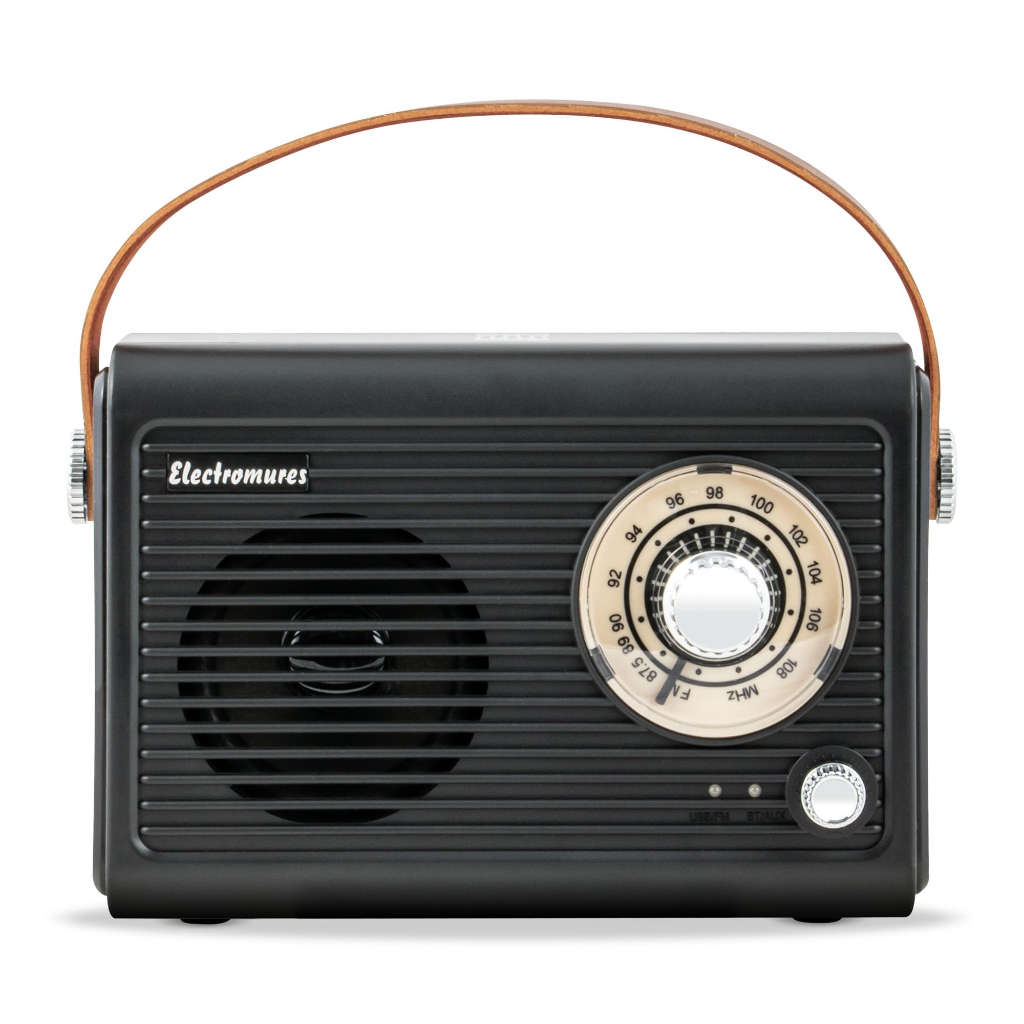 EM 1005 Schwarz, Retro Radio mit Bluetooth 5.3, Tragbares FM UKW-Radio, Vintage Design mit Ledergriff, Teleskopantenne, USB-C wiederaufladbar, USB/AUX Musikbox Nostalgie Geschenk