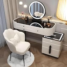 Vanity Desk, Simple Vanities with Chair and Side Cabinet with Drawers, Modern Dressing Table with LED Smart Round Mirror and Tempered Glass Countertop, Solid Wood Bedroom Makeup Vanity White,39"