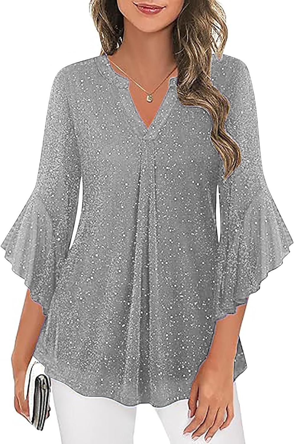 Sequin Holiday Tops for Women Flare Sleeve Ruffle Flowy Swing V Neck Notch T-Shirts Pure Mesh Pullover Blouses