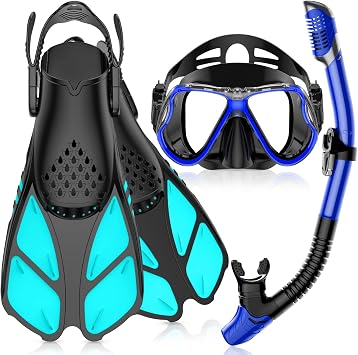 Greatever Adult Snorkel Set - Blue - Mask, Fins, Tube - Dry Snorkel - Ideal Gift - Adjustable Scuba Mask & Flippers