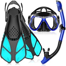 Greatever Adult Snorkel Set - Blue - Mask, Fins, Tube - Dry Snorkel - Ideal Gift - Adjustable Scuba Mask & Flippers