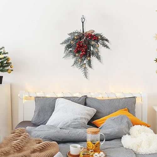 Miniatura 4 de Guirnalda de ramas de pino artificial de Navidad, guirnalda de lágrima flocada nevada con cono de pino, bayas rojas y verdes, guirnalda de Navidad