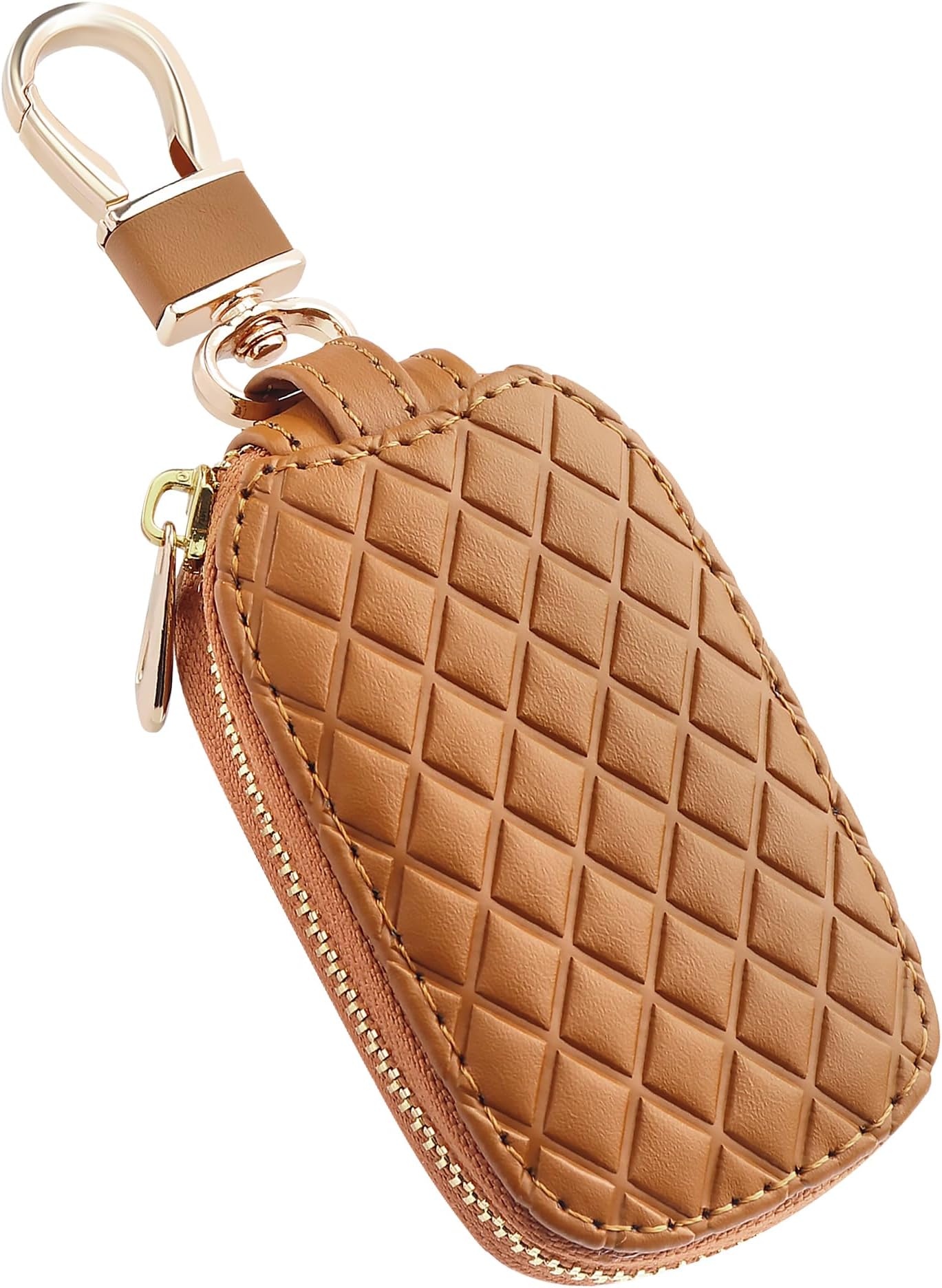 Stylish Car Key Case with Keychain and Zipper - Genuine Leather Car Key Case Holder for Remote Key Cover Replacement (Brown)