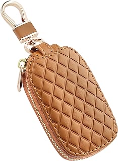 Stylish Car Key Case with Keychain and Zipper - Genuine Leather Car Key Case Holder for Remote Key Cover Replacement (Brown)