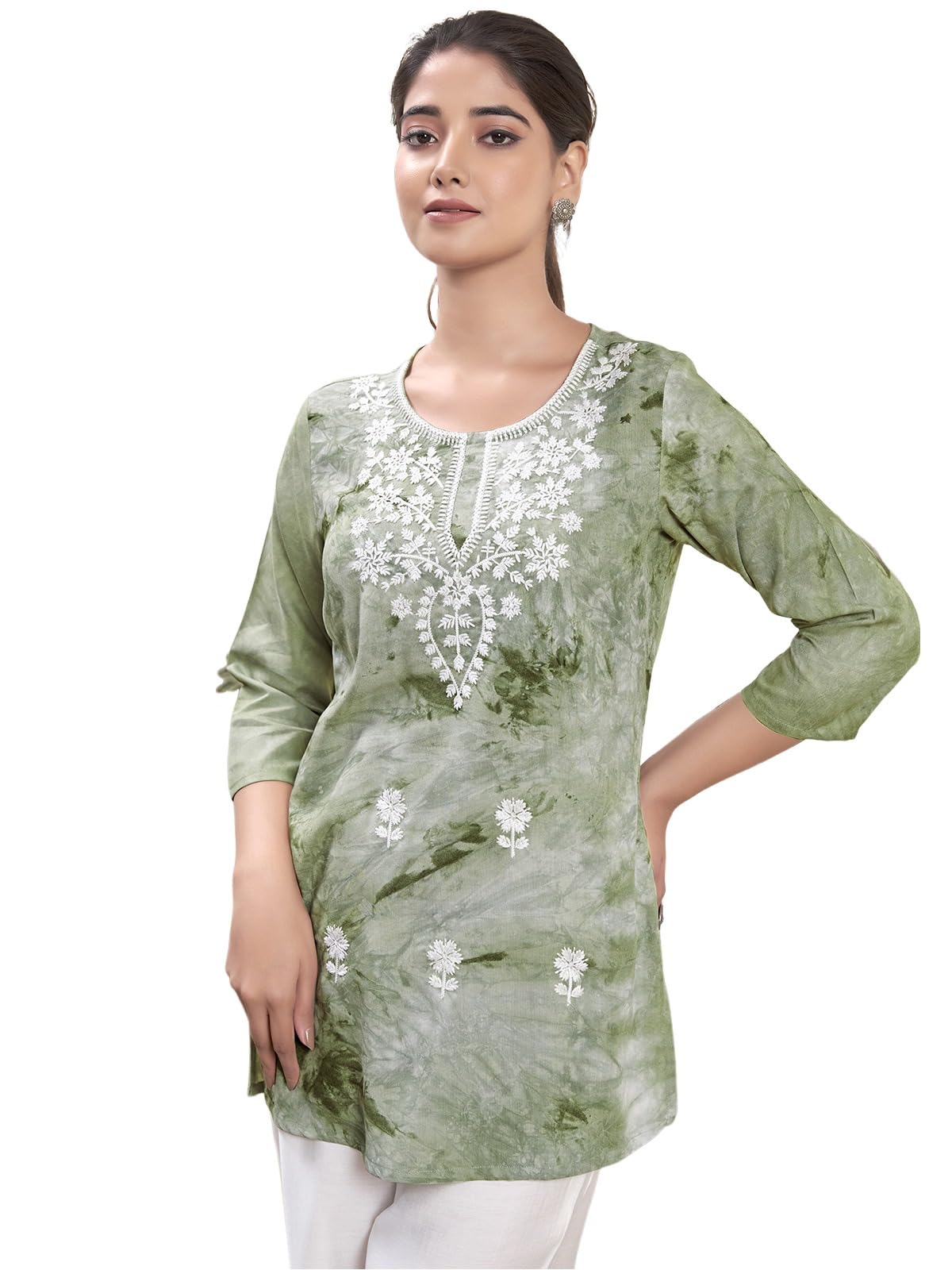 Sanisa Women's Rayon Chikankari Embroidery Short Length Straight Kurti (479K282N-Xxl_Pista Green)