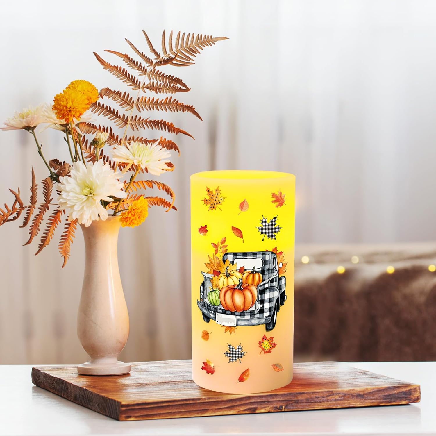 Whaline Fall LED Flameless Candles Plaid Pumpkin Truck Warm Light Battery Operated Pillar Candles Autumn Electric Flickering Candle for Thanksgiving Party Home Decor, Set of 3