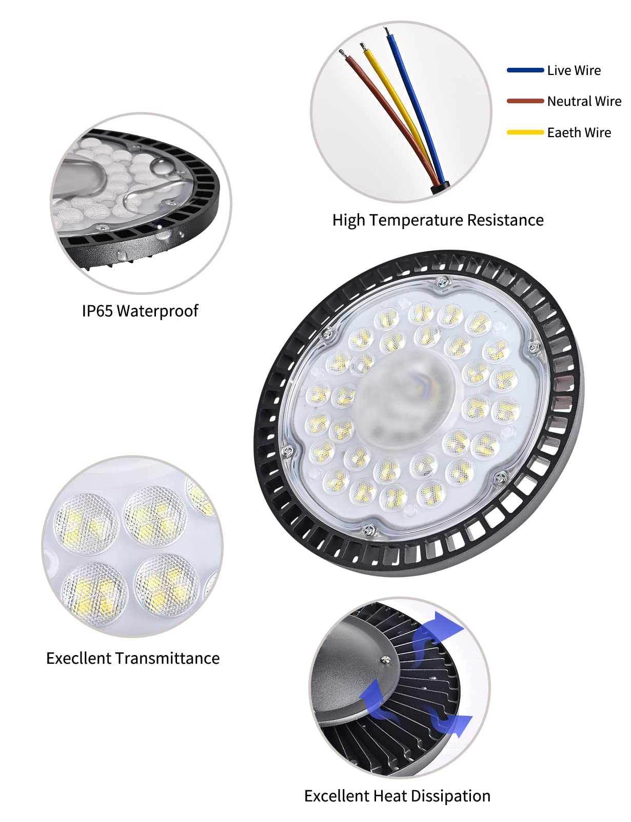100W LED UFO High Bay Light, 10000LM Industrial Led Reflektor, IP65 Wodoodporny UFO LED Kryty reflektor 6000-6500K Zimna biel Led Warsztat UFO do Garażu Fabryka Hale (1 szt., 100W)