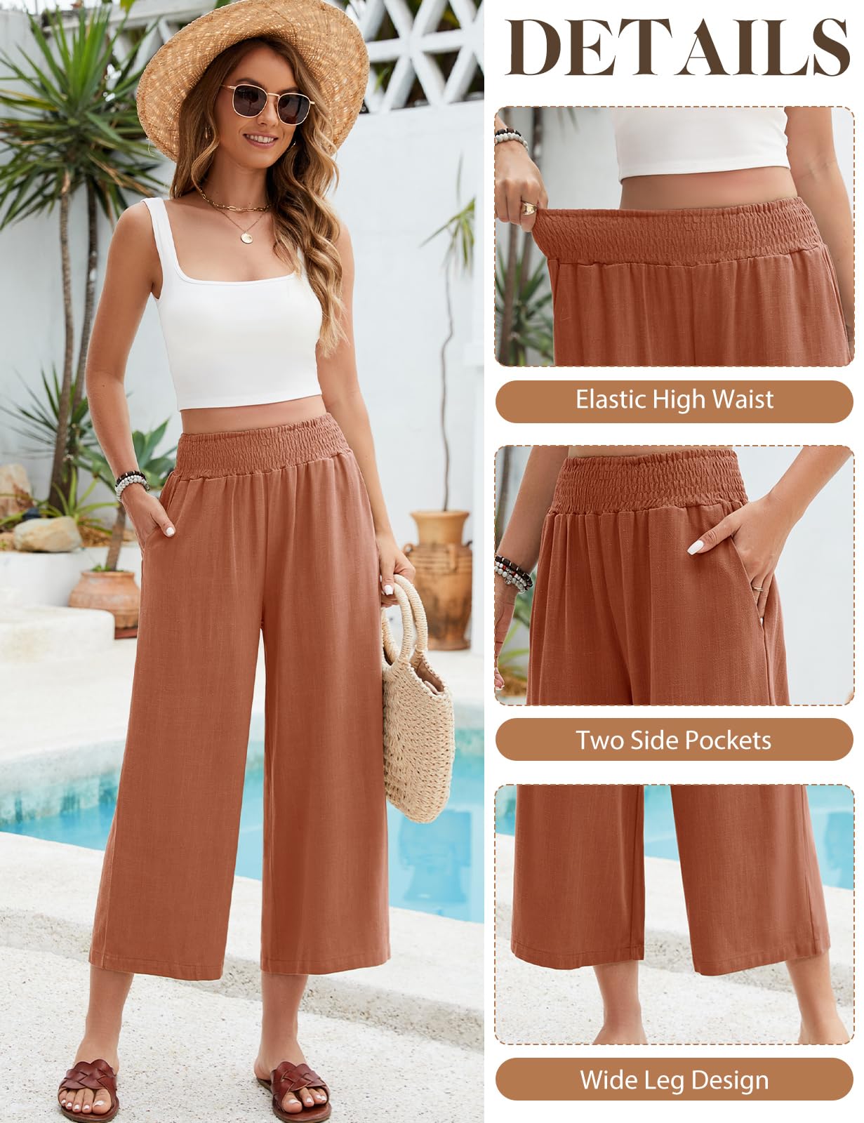 UMIPUBO Pantalon Lin Femme Été Coton Chanvre 3/4 Large Pantalons Fluide Elegant Chic Taille Haute Élastique Pantacourt Léger Respirant Jogging Pants de Plage avec Poches