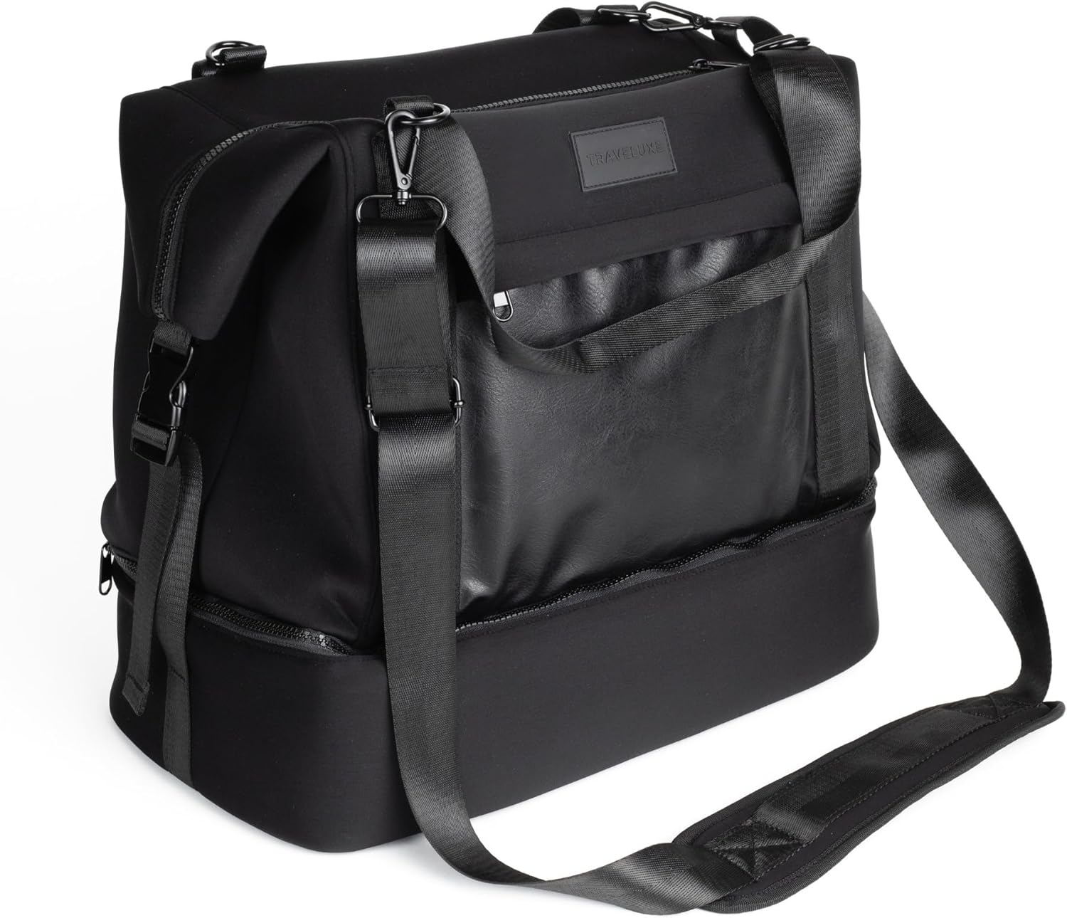 Modern Weekender Travel Bag 30L Premium Neoprene Overnight Bag for Business & Weekend Travel, Shoe Compartment, Trolley Sleeve, Personal Item for Men & Women, 18x14x9in, Onyx