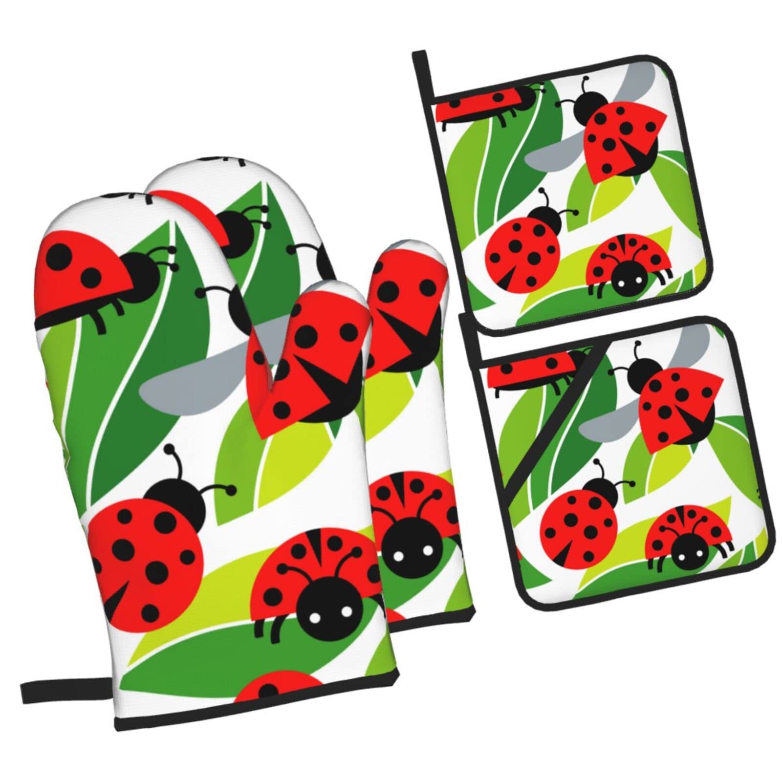 Seamless Background with Ladybugs Oven Mitts and Pot Holders Sets, Christmas Oven Mitt Kitchen Heat Resistant Non-Slip Pot Holders Set for Cooking Baking BBQ
