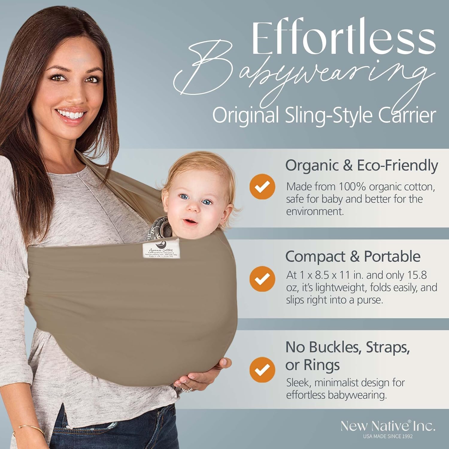 New Native® Baby Wrap Carrier - Soft, Breathable 100% Organic Cotton Hands-Free Sling for Babies, No Buckles, Straps or Rings, Easy to Use, Compact and Portable, Ideal for Traveling, Khaki (Medium)