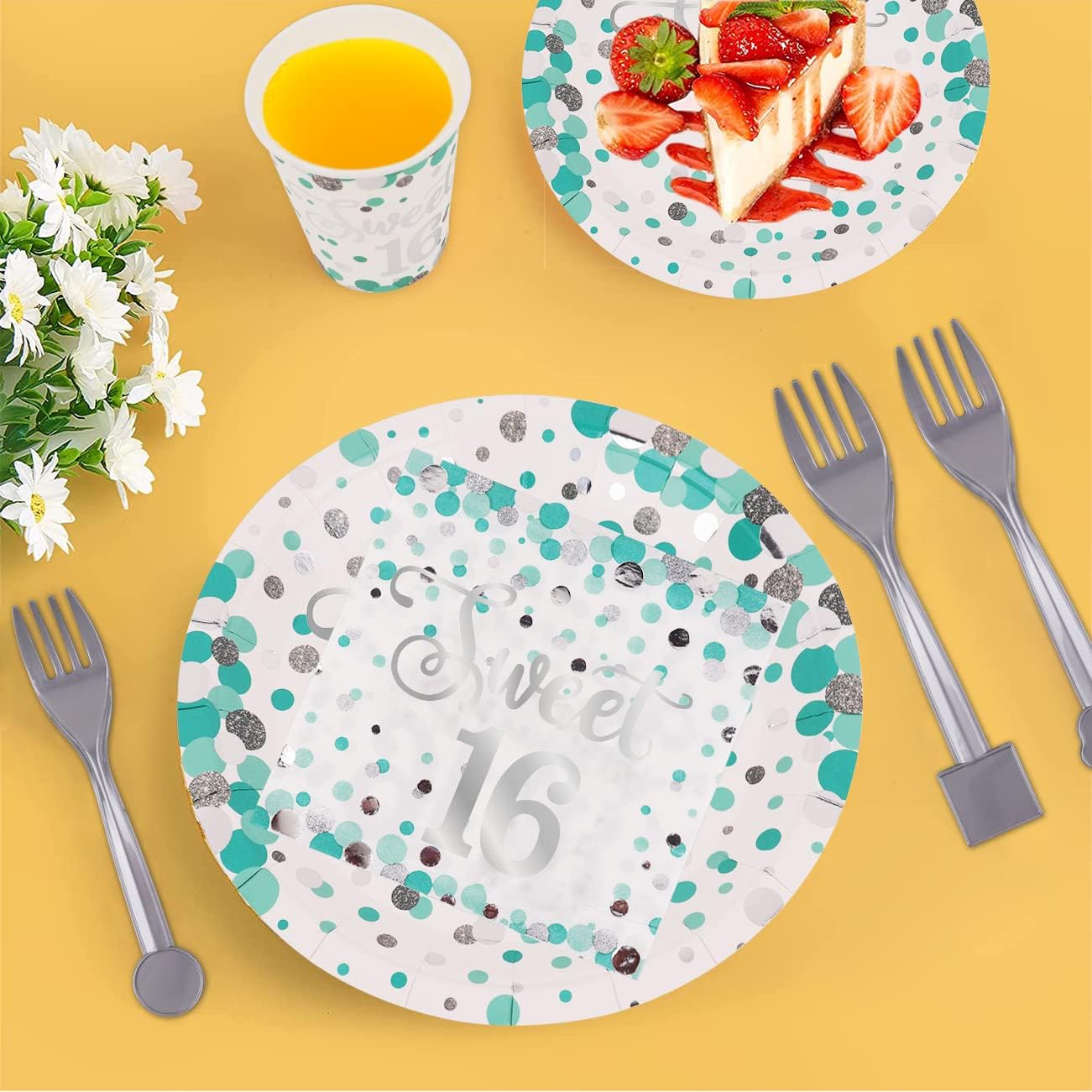 Sweet 16 Party Decorations - Teal Plates, Napkins, Balloons, Sash, Caketopper, Metallic Curtains, Tablecover for 20 Guests - Image 3