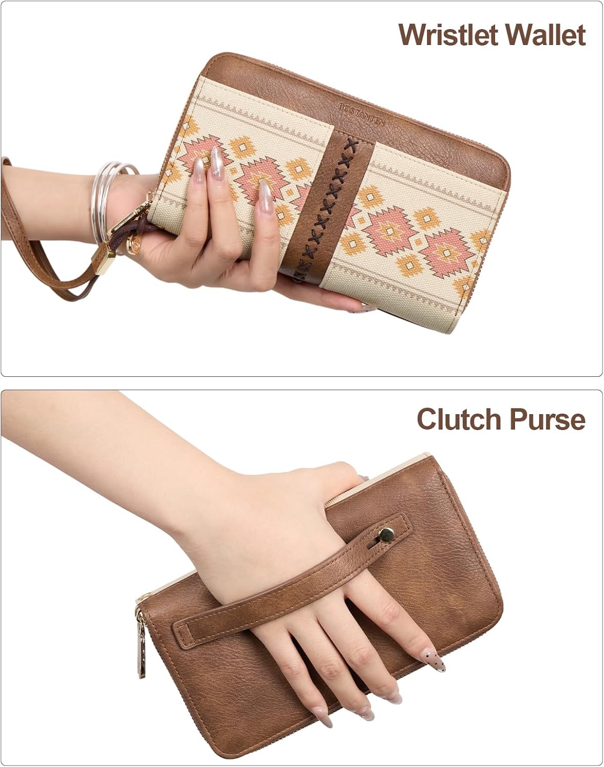 BOSTANTEN Wallets for Women Leather RFID Double Zipper Around Credit Card Holder Large Capacity Wristlet Clutch Wallet - Image 6