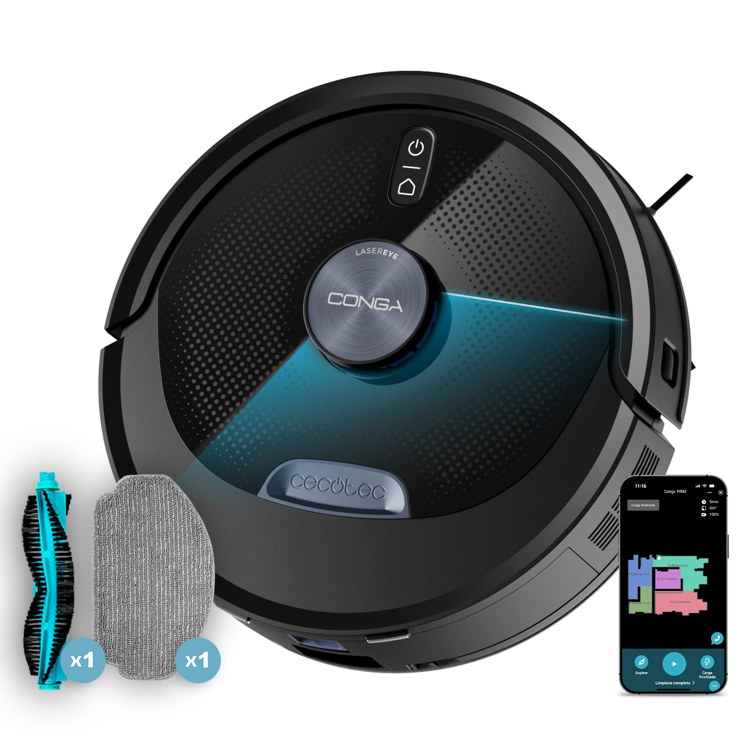 Cecotec Robot Aspirador y Friegasuelos Conga M60 Dark. Navegación Láser, Succión del Motor 13000Pa, AutonomÃa 200mins, Cepillo Multifunción para Todo Tipo de Superficies, Bluetooth y WiFi, App