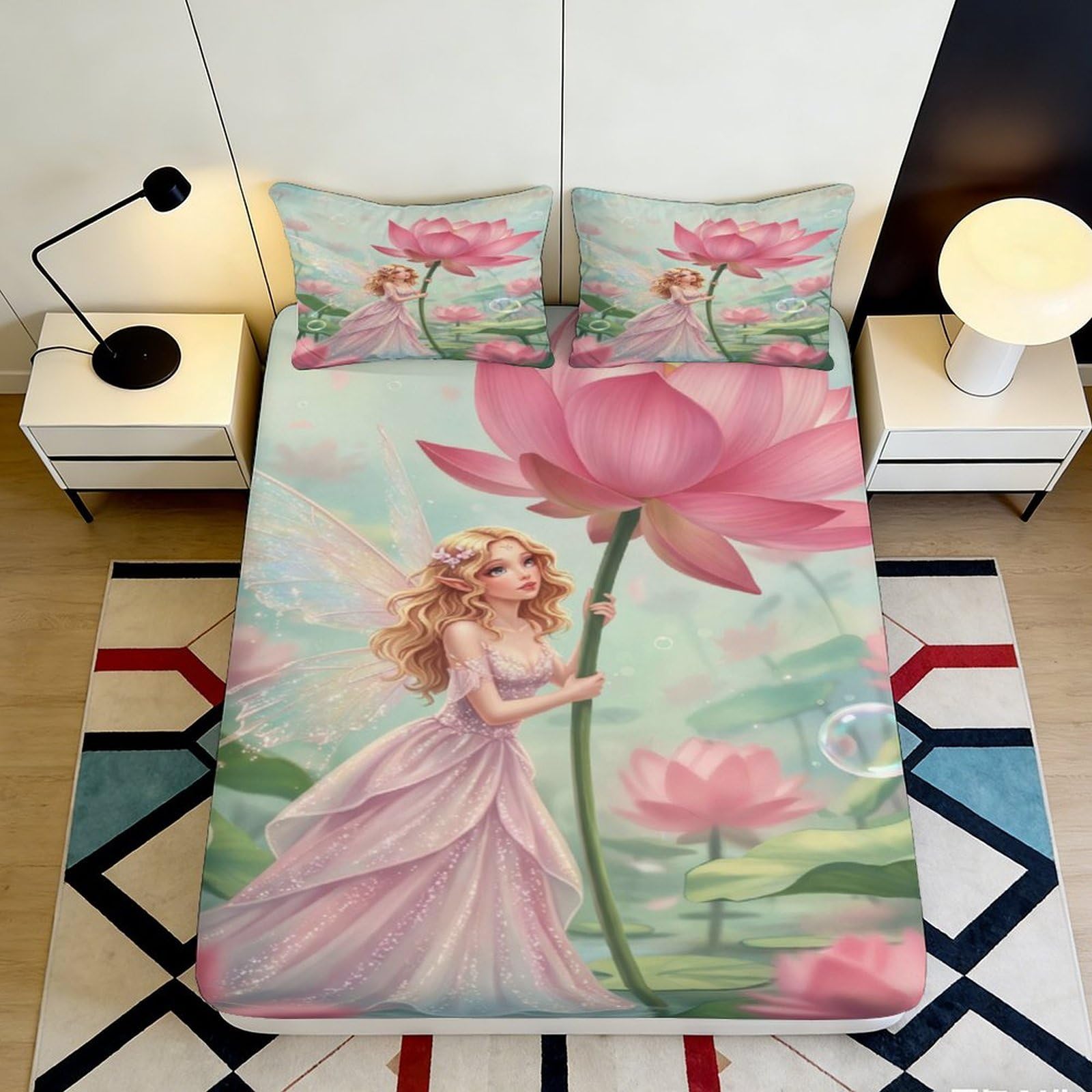 3D Printed Princess Flower Fitted Sheet Microfiber Pink Fairy Blossom Mattress Cover for Bedroom Guest Room Decor 90x200x25cm