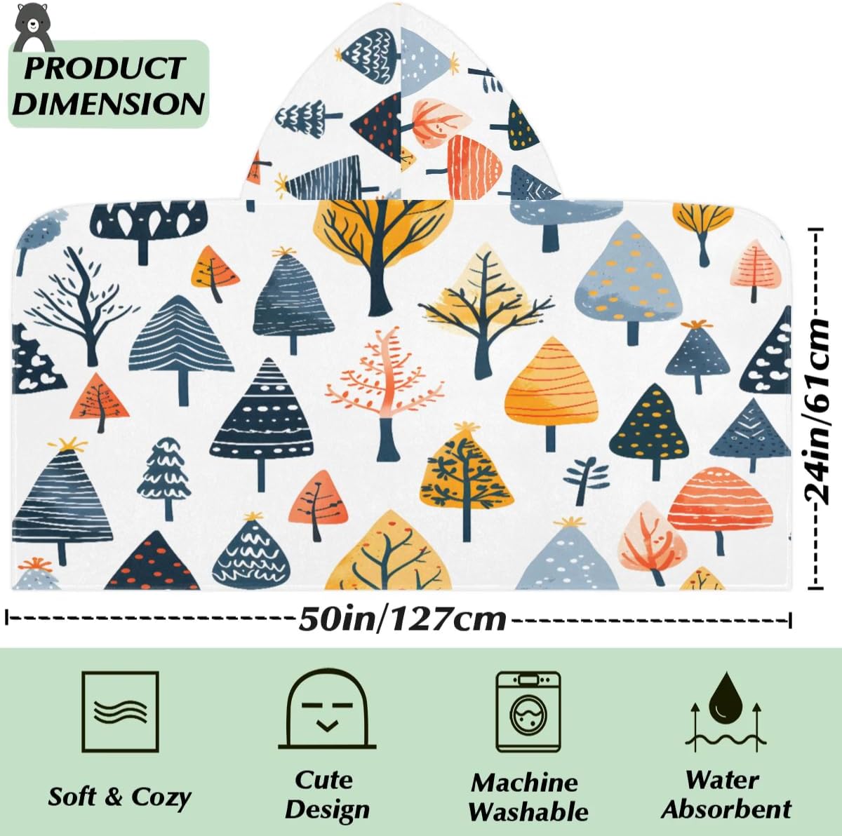 Kid Bath Towels Trees Pattern Kids Towel with Hood for Girls Boys Beach Towel Pool Cover Up Soft Absorbent Toddler Hooded Bath Towel for Shower, Beach, Pool
