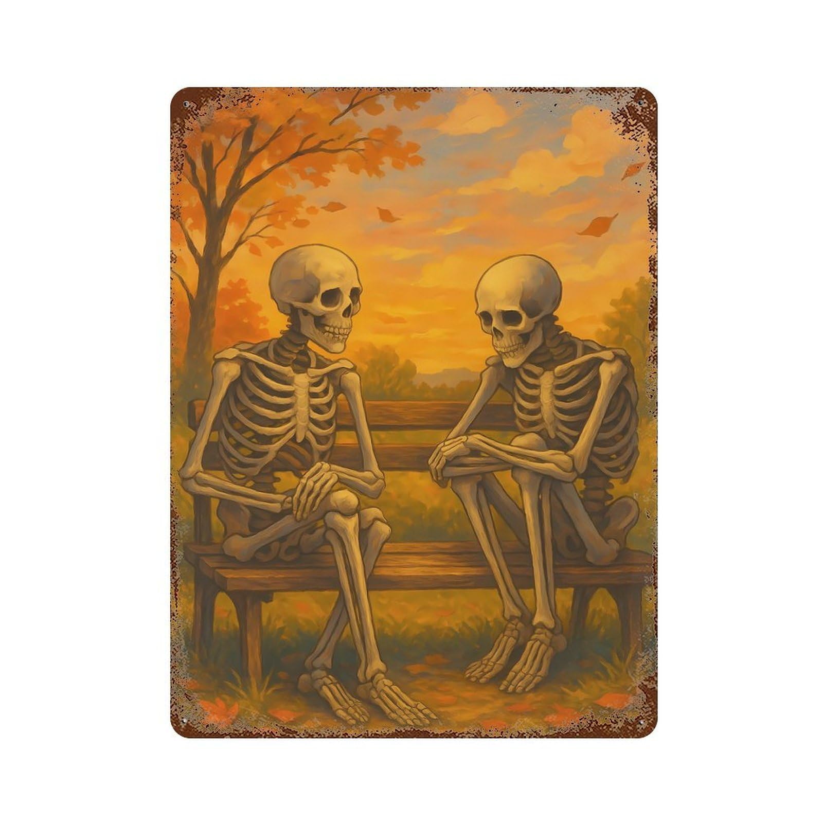 Skeletons on Bench in Autumn 15.7"x11.8" Rust Effect Tin Sign, Vintage Wall Decor for Farmhouse, Kitchen And Entryway Decor