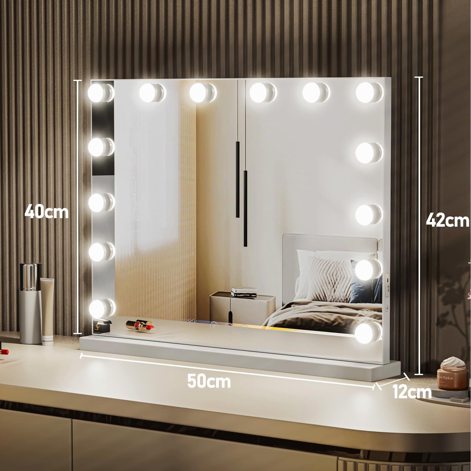 Specchio Trucco con Luci 50x42 cm, Specchio Trucco con Luci Regolabili da Parete, 3 Modalità, Memoria Intelligente, Controllo Touch, Bianco