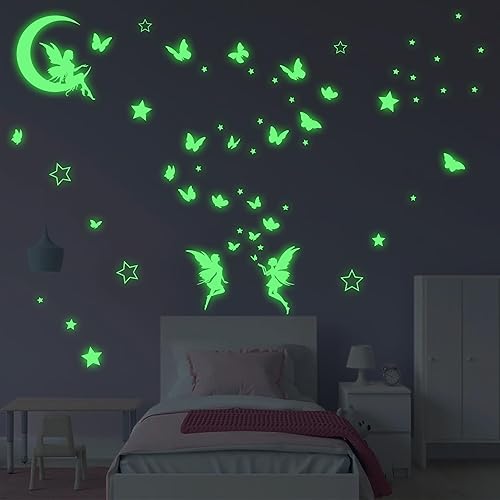 Miniatura 2 de Calcomanía de pared de hadas de fantasía que brilla en la oscuridad, decoración luminosa de mariposa luna para dormitorio de niña, decoración