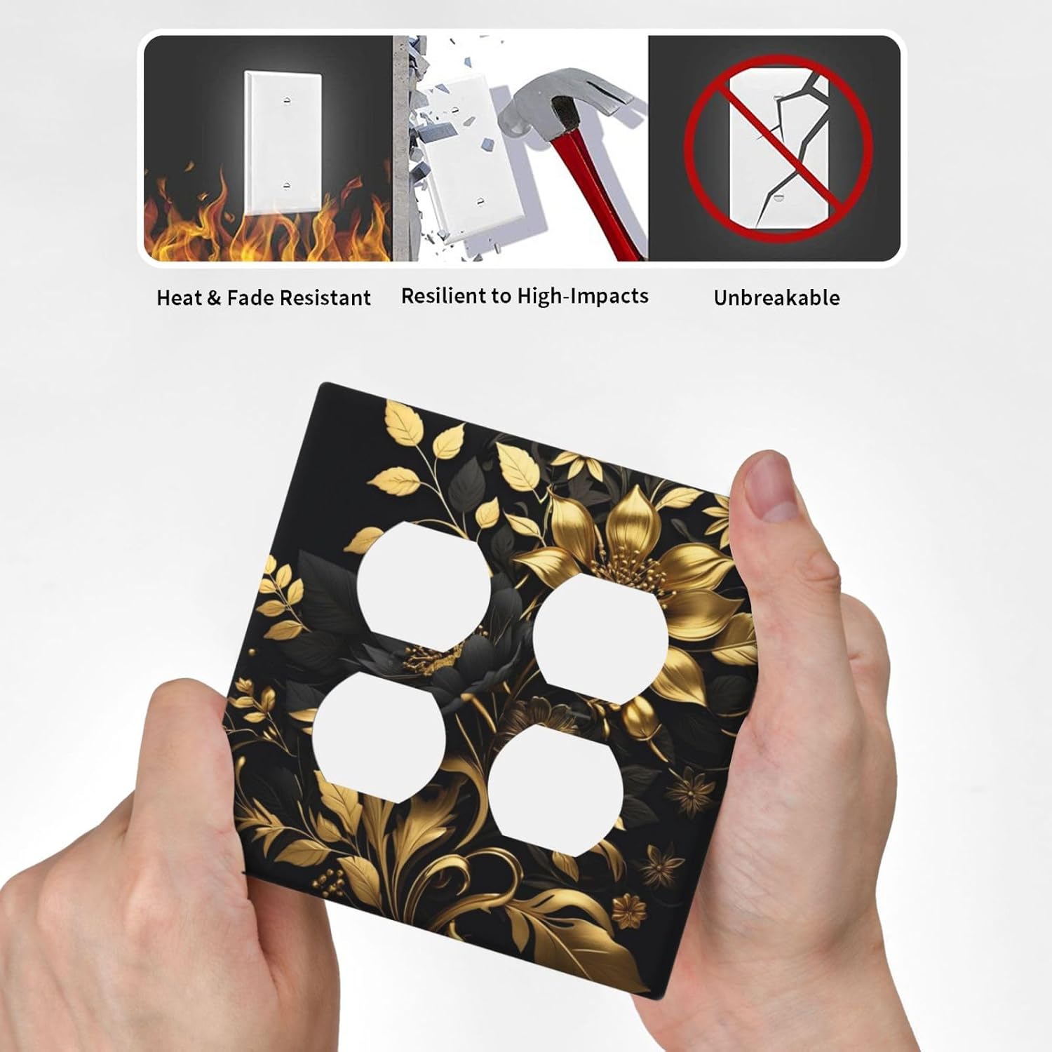 Decorative Outlet Covers Rustic Black Gold Flowers Leaves 2 Gang Wall Plate Double Duplex Light Switch Cover Switch Plate Covers Faceplate for Bedroom Home Decor