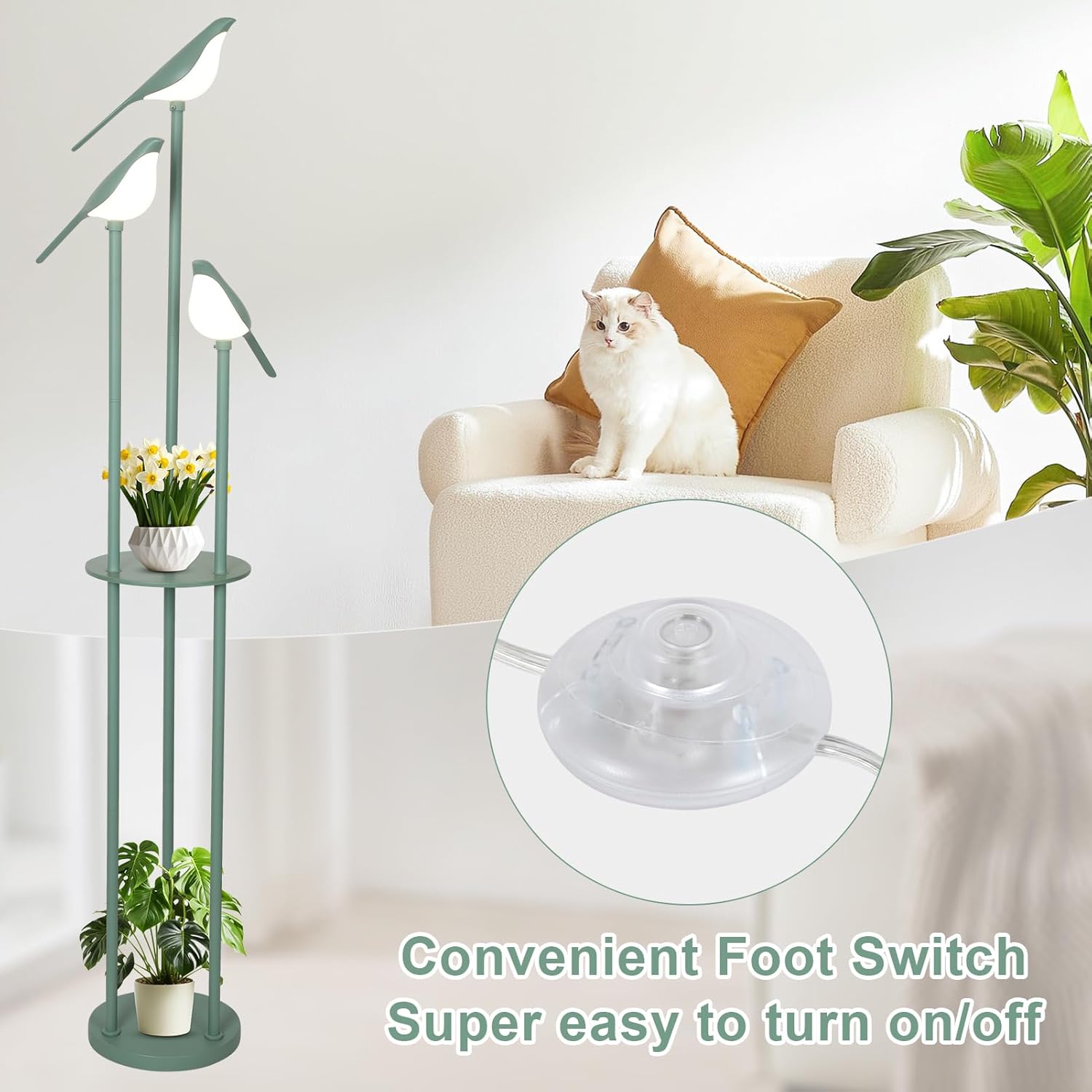 Bird Floor Lamp for Bedroom, Green Standing Lamps for Living Room, Corner Tall Lamp with Table, 3-Lights Vintage Floor Lamp, Modern Stand Up Lamp for Office, Girls Room, Unique Bird Lamps