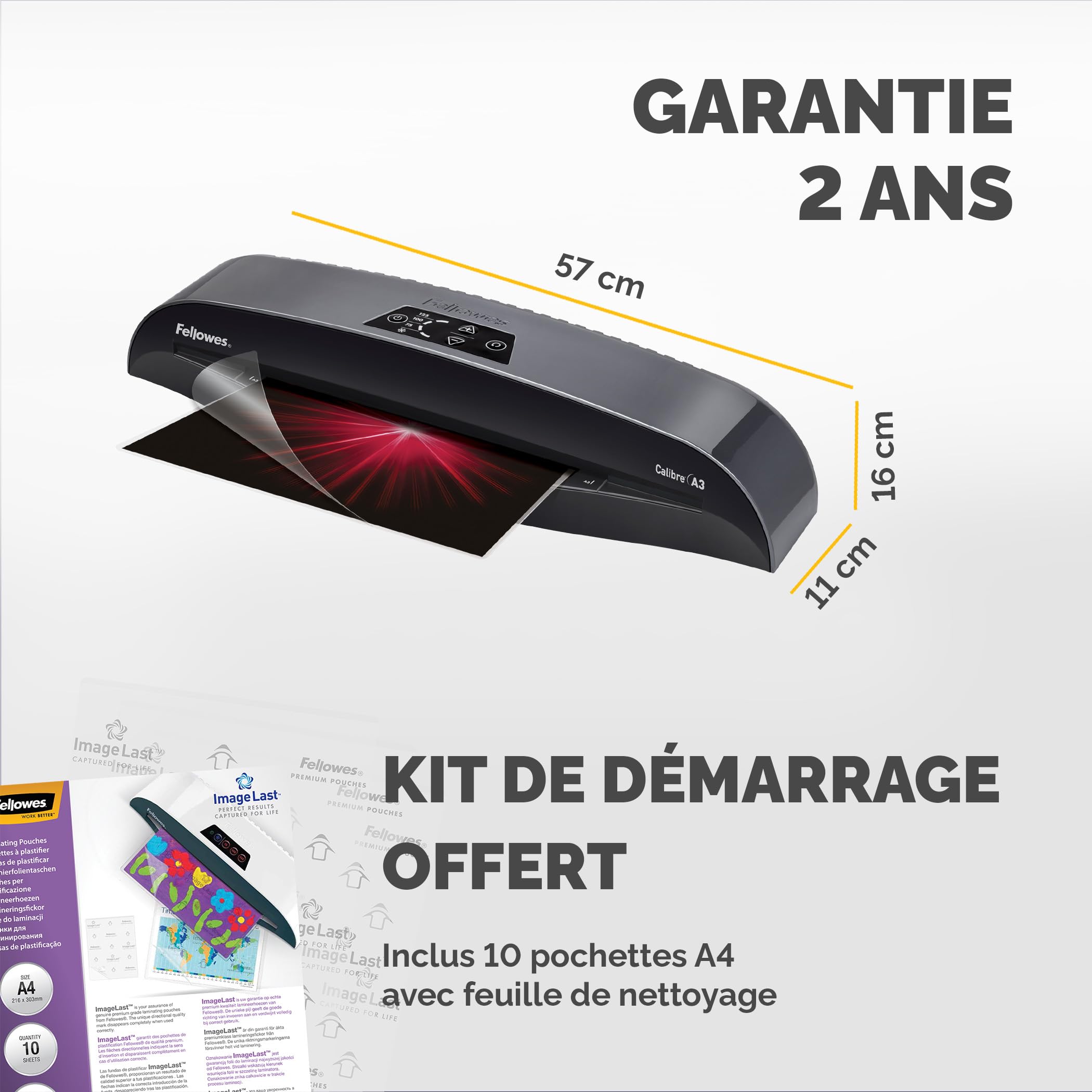 Fellowes Plastifieuse Calibre A3 80 à 125 microns Pack 10 pochettes