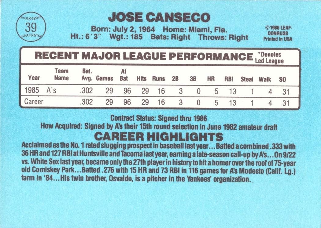 1986 Donruss Baseball #39 Jose Canseco Rookie Card - Rated Rookie