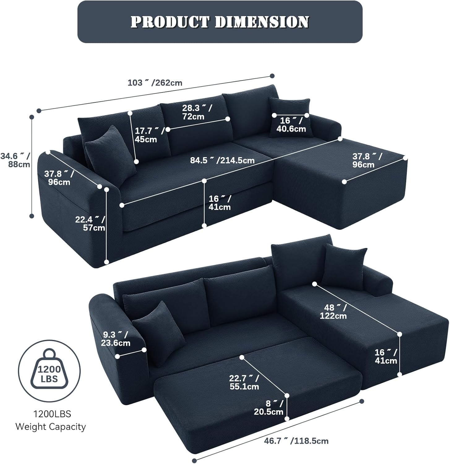 103 inch Cloud Sectional Couch, Modular Sectional Sofa with Deep Seat,Folding L-Shape Sofa Bed,Corduroy Boneless Couch Bed for Living Room,No Assembly Required,(Navy Blue,Right Facing Chaise)
