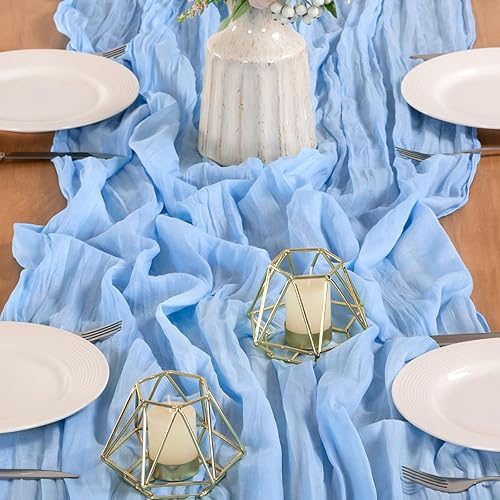 Vista 112 de MLMW Camino de mesa de estopilla azul polvoriento, revelación de género, gasa bohemia de tela de queso rústico, camino de mesa de 160 pulgadas, Azul