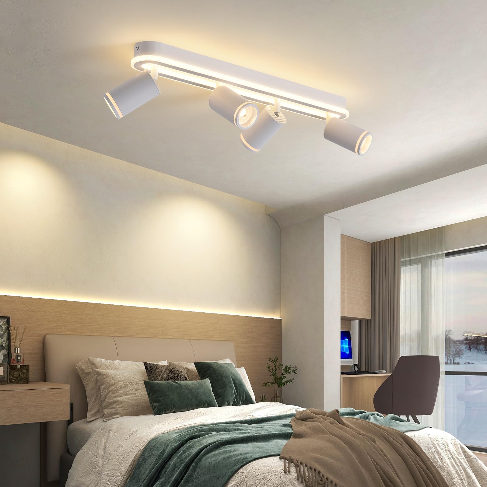 SANSHI Lámpara de Techo LED 4 Focos Orientables,Giratorio 350°,Blanco | iluminación de techo con brillo inferior 36W+4x5W GU10,Aplique de Pared 3000 K Blanco Cálido,focos de techo Para Salón