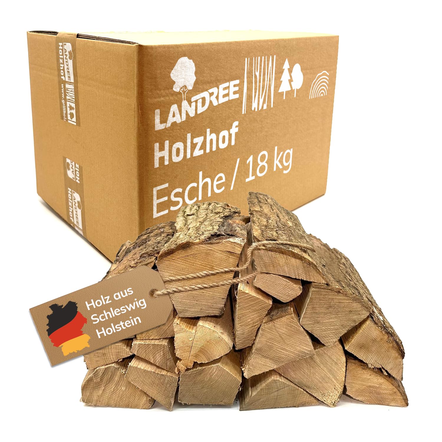 Landree Kaminholz Esche 18 kg für Kamin, Kaminofen, Lagerfeuer, Feuerschale und Ofen, 20-25 cm Scheitlänge, kammergetrocknet, Kaminofen Holz, Brennholz vom Familien-Holzhof aus Schleswig Holstein
