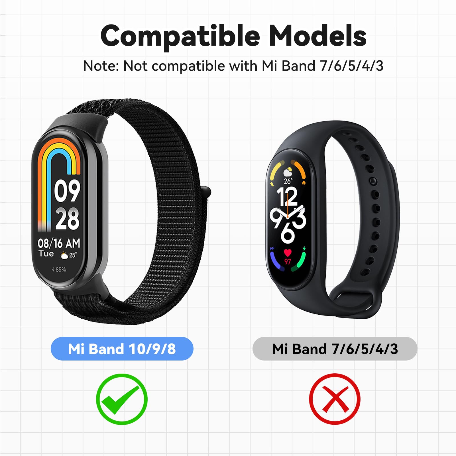 aceyoon Nylonowa bransoletka kompatybilna tylko z Xiaomi Smart Band 10/9/8, 3 regulowane elastyczne bransoletki sportowe