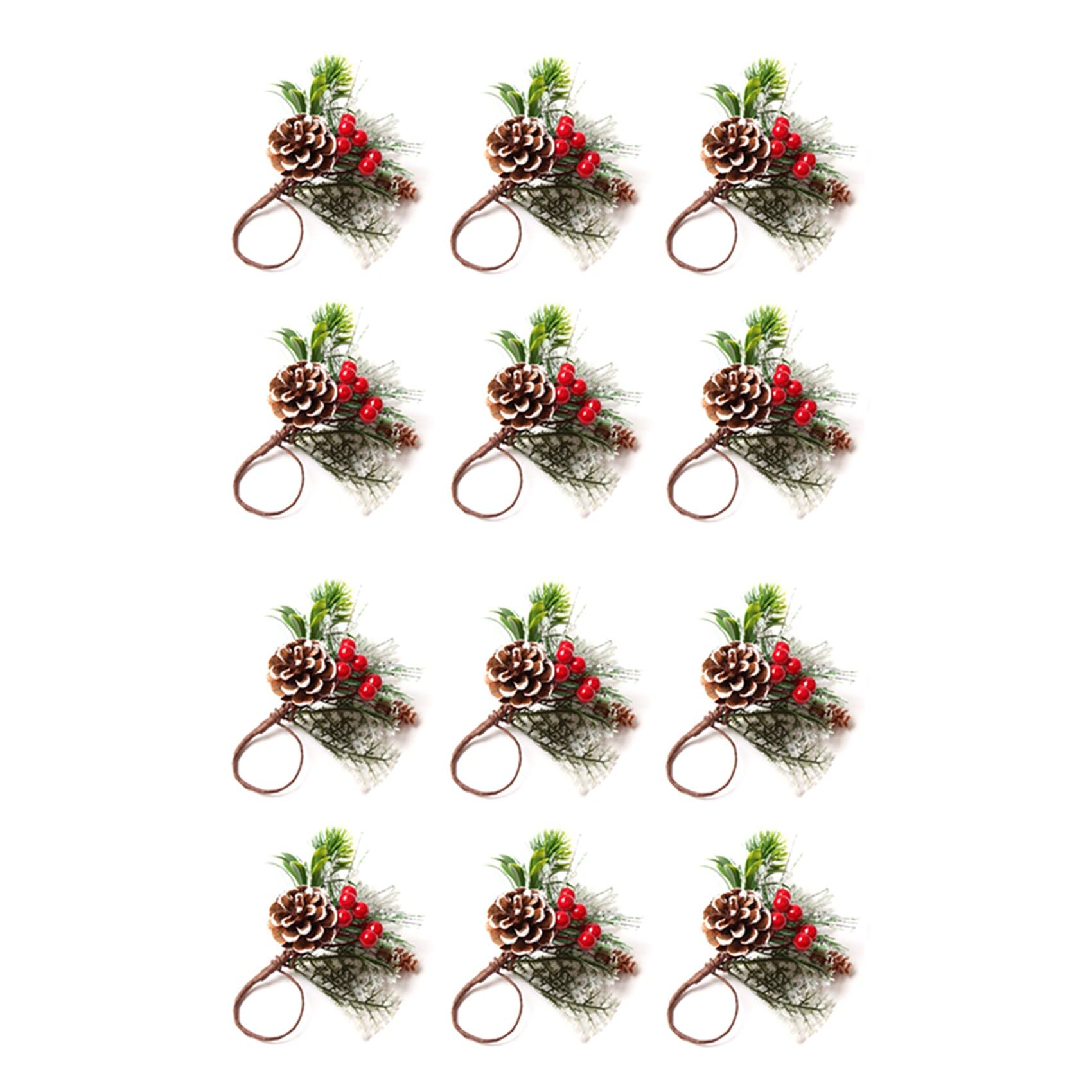 Hndhbfgrt Napkin Rings Set of 12 Pine Needle Berries Christmas Thanksgiving Holiday Rustic Farmhouse Napkin Rings Holders