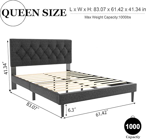 Miniatura 2 de Base de cama de plataforma tamaño Queen con cabecera tapizada capitoné con botones, base de colchón con soporte de listones de madera, sin ruido, no