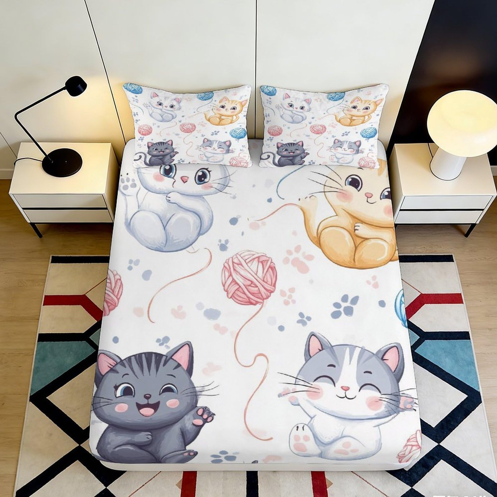 3D Printed Cartoon Cat Fitted Sheet Microfiber Soft Anti-Slip Kawaii Kitten Bed Cover for Bedroom Dorm Mattress Protection Decor 90x200x25cm