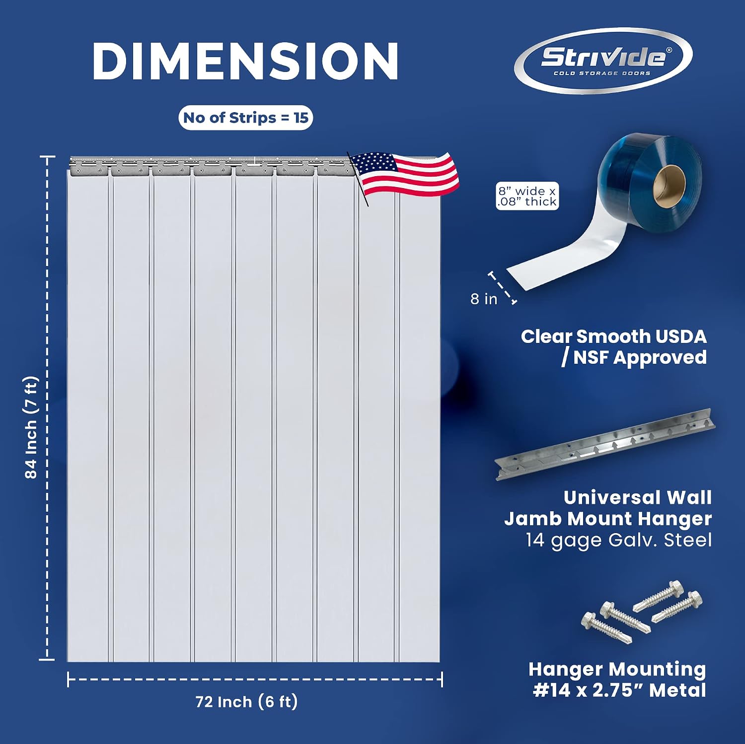 Strip Door Curtain Kit - 72 in.(6 ft) Width X 84 in.(7 ft) Height - Clear Smooth 8" Wide x .08 in. Thick PVC Strip 50% Overlap - Complete Plastic Strip Door Kit - Universal Hanger