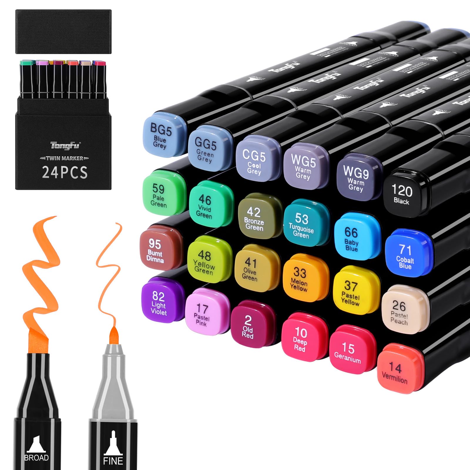 TongFu 24 Rotuladores de Colore, Rotuladores Alcohol Impermeabile, Rotuladores Doble Punta Seguro y Secado, Marker con Caja de Regalo, Rotuladores Alcohol para Bocetos, Cómics, Garabatos
