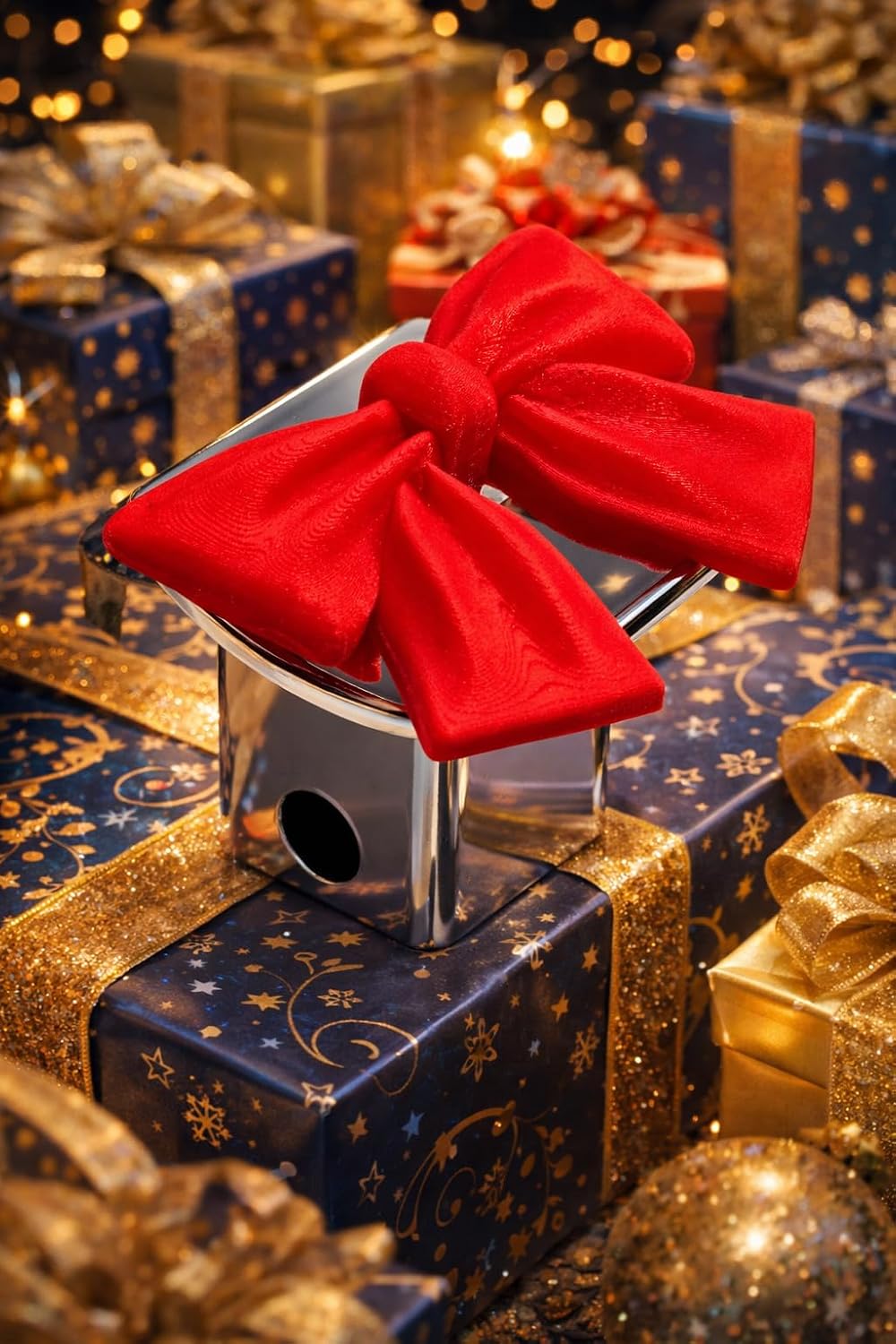 Ribbon Bow Cute Present Ribbon in 3D - Chrome w Colors - 2 inch Trailer Hitch Cover - Paw Jaguar Panther