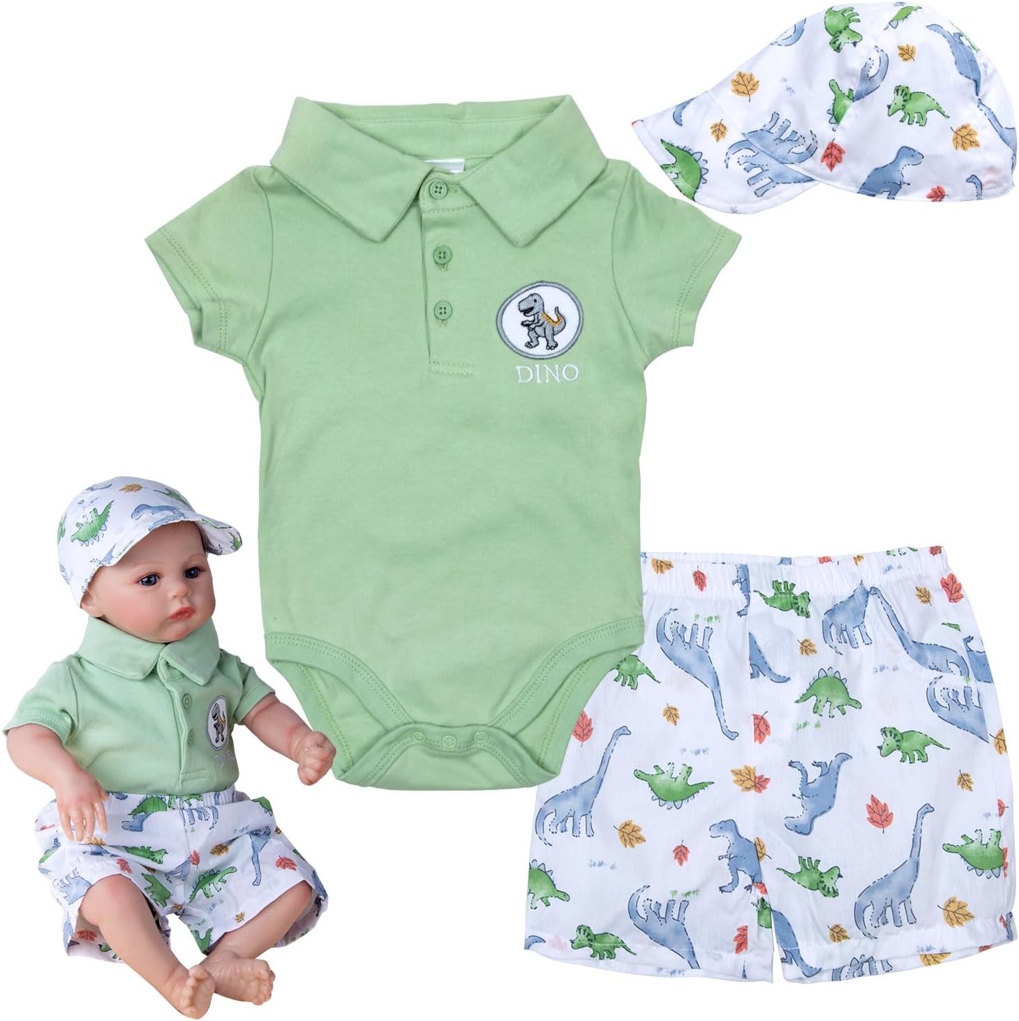 Reborn Baby Dolls Clothes 22 inches Boy Outfit Accessories for 18-22 inches Reborn Dolls Baby Boy Doll Clothes Green 3 pcs Set