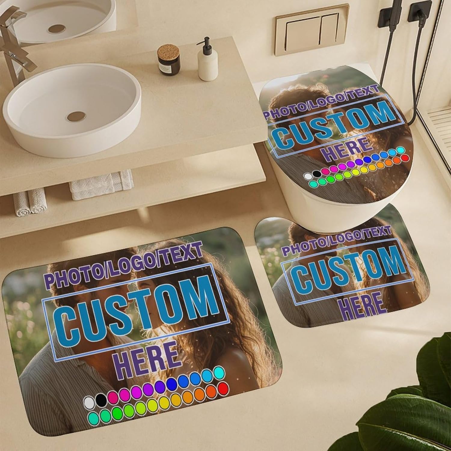 Custom 4-Piece Bathroom Set Personalized Shower Curtain with Hooks Non-Slip Bath Mat U-Shaped Toilet Mat & Toilet Lid Cover Custom Photo/Text/Logo