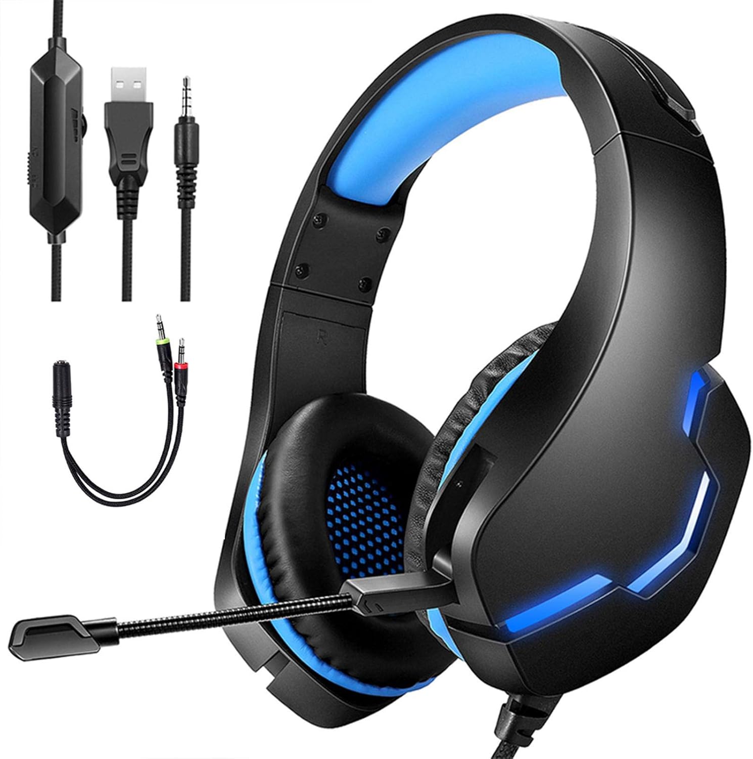 Gaming Headset with 7.1 Surround Sound, Speaker Unit, USB with Noise Canceling Microphone LED Light, 3.5mm Jack, For PC PS4s Xboxs One Controller