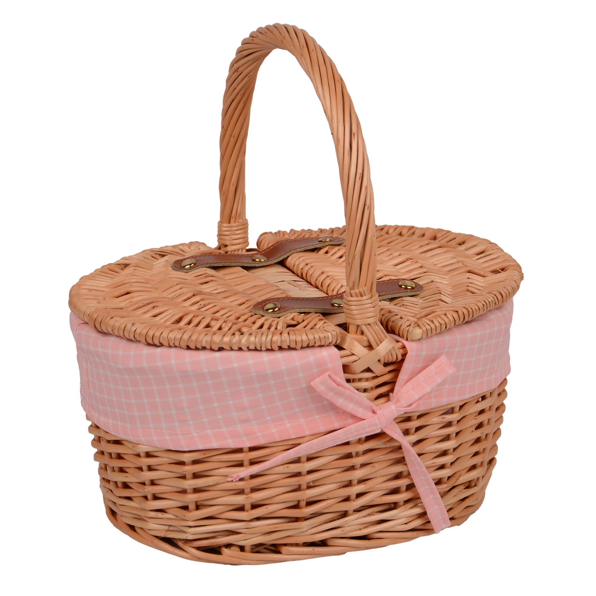 UNUS Panier de pique-nique ovale pour enfant en osier avec revêtement en tissu - Kit complet pour 2 personnes avec couverts, assiettes et gobelets, panier en osier portable pour pique-nique et