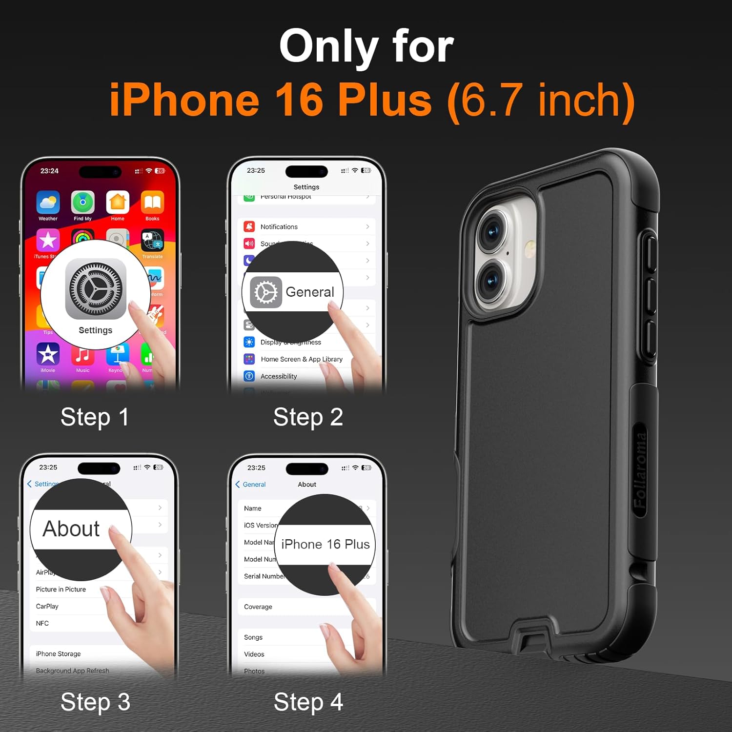 Follaroma for iPhone 16 Plus Case, Compatible with MagSafe, Heavy Duty Shockproof Protective Phone Case, Anti-Drop Protection, Dual Layer Magnetic Phone Cover for iPhone 16 Plus, 6.7", Black