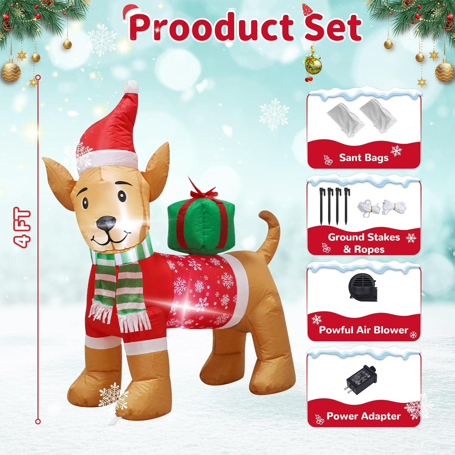 4 Foot Christmas Inflatable Dog Decoration,Christmas Blow up Dog Decor with LED Lights Perfect for Indoor Outdoor Yard,Dog with Santa Hat Red Outfit and Scarf, Holiday Addition Warm Atmosphere
