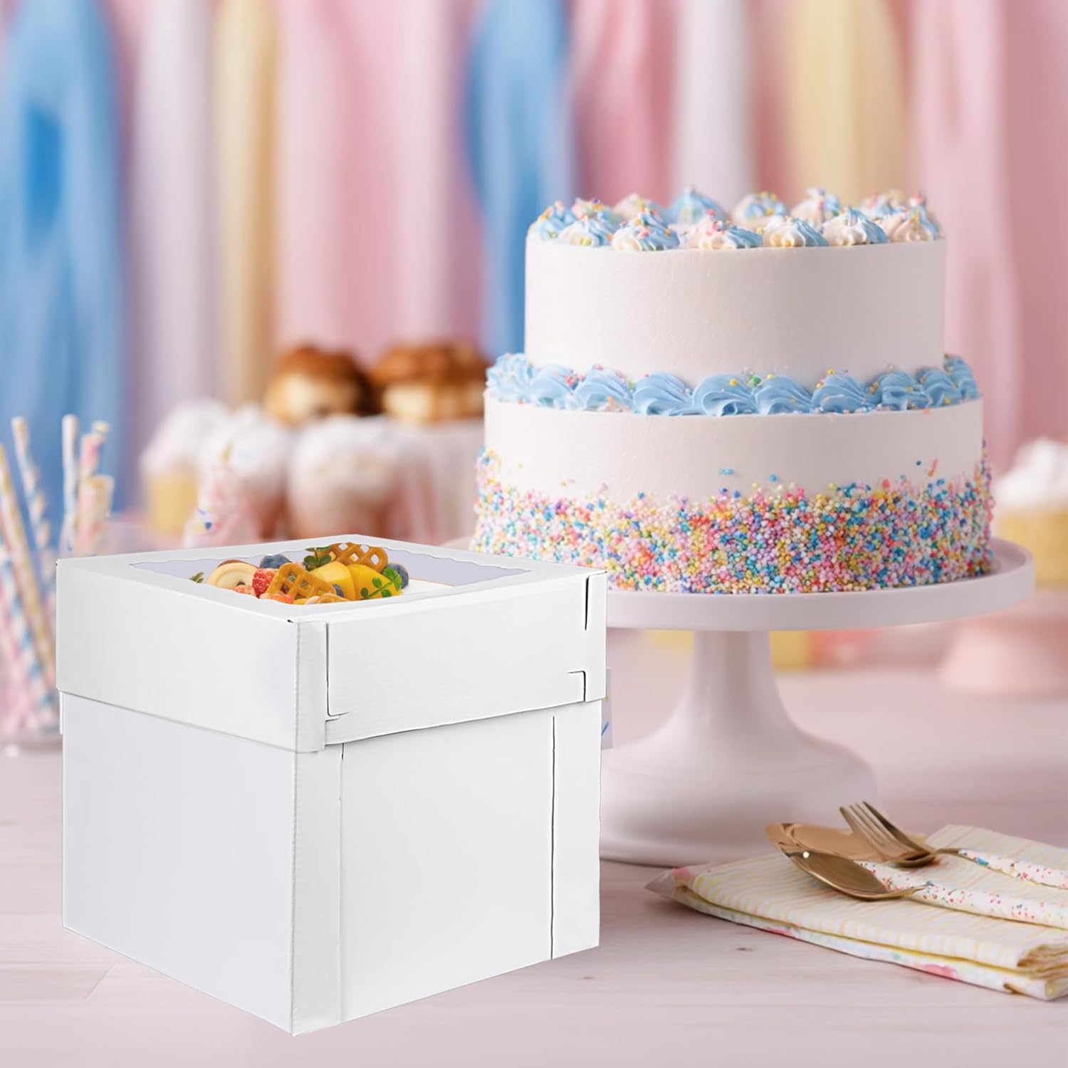 KEEPARTY 5PCS 14x14x12inch with Window Tier Cakes Tall Bakery Boxes for Birthdays Wedding Party Cake Box Disposable Cake Containers Layer Cakes Carrier Corrugated Paper
