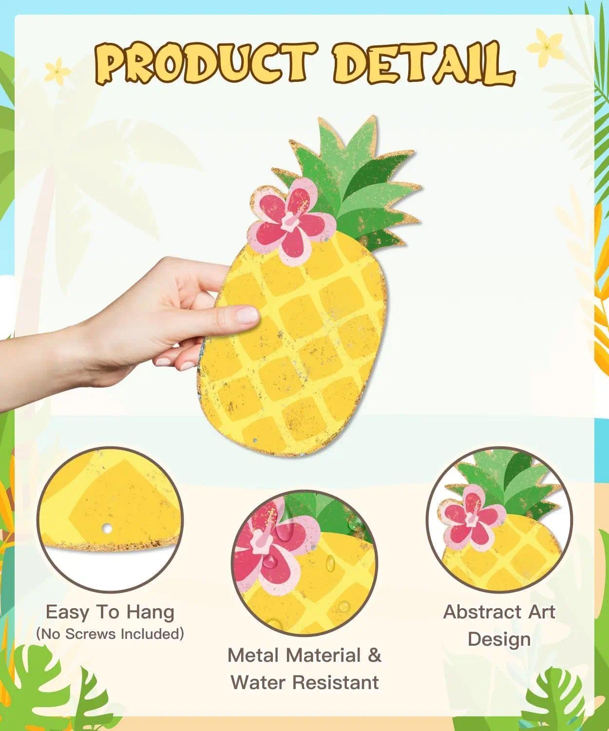 Putuo Decor Tropical Metal Wall Decor Set of 4, Pineapple Flamingo Palm Tree Cactus Tin Wall Art, Distressed Wall Hanging for Bathroom Patio Tiki Bar Pool Beach House Decor