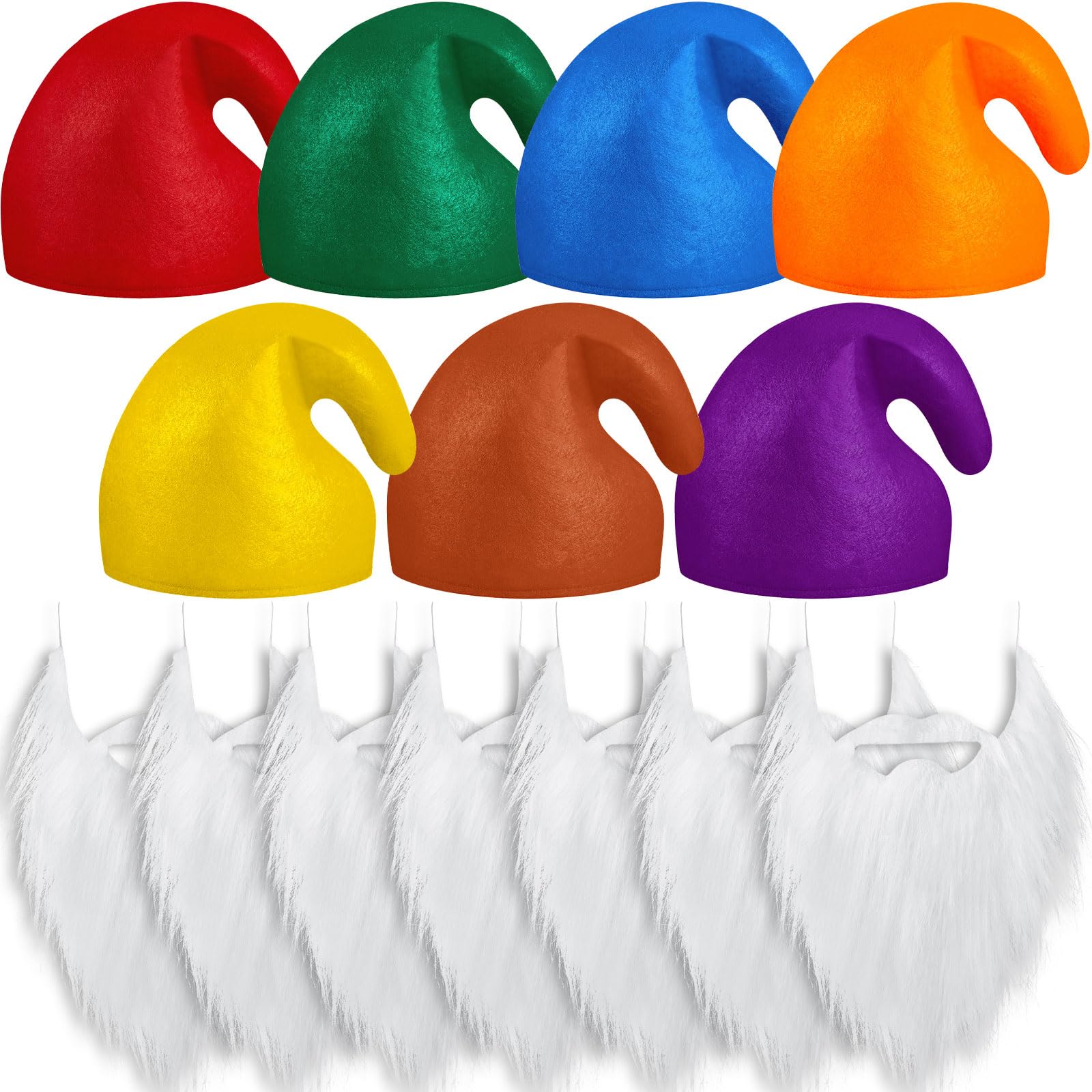 Jadive 14 Piezas Disfraz de Pitufo 7 Sombreros de Pitufo para Adulto 7 Barbas con Barbas Blancas Sombrero Puntiagudo Colorido con Barba Para Carnaval, Mardi Gras, Halloween y Navidad
