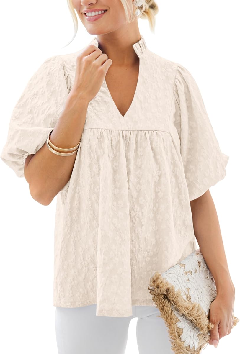 MASCOMODA Womens Puff Short Sleeve Peplum Babydoll Tops 2026 | Dressy Peplum Tops for Women, Cute Ruffle V Neck T-Shirts, Jacquard Floral Loose Fit Casual Blouses, Flowy Fall Summer Tops